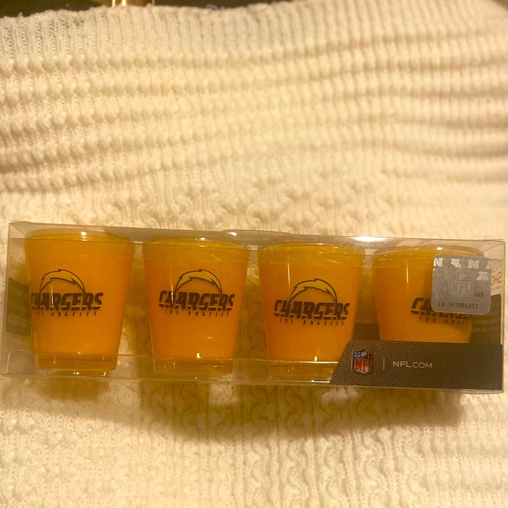 NFL LA Charger four- 2 1/2 oz insulated shot glasses.